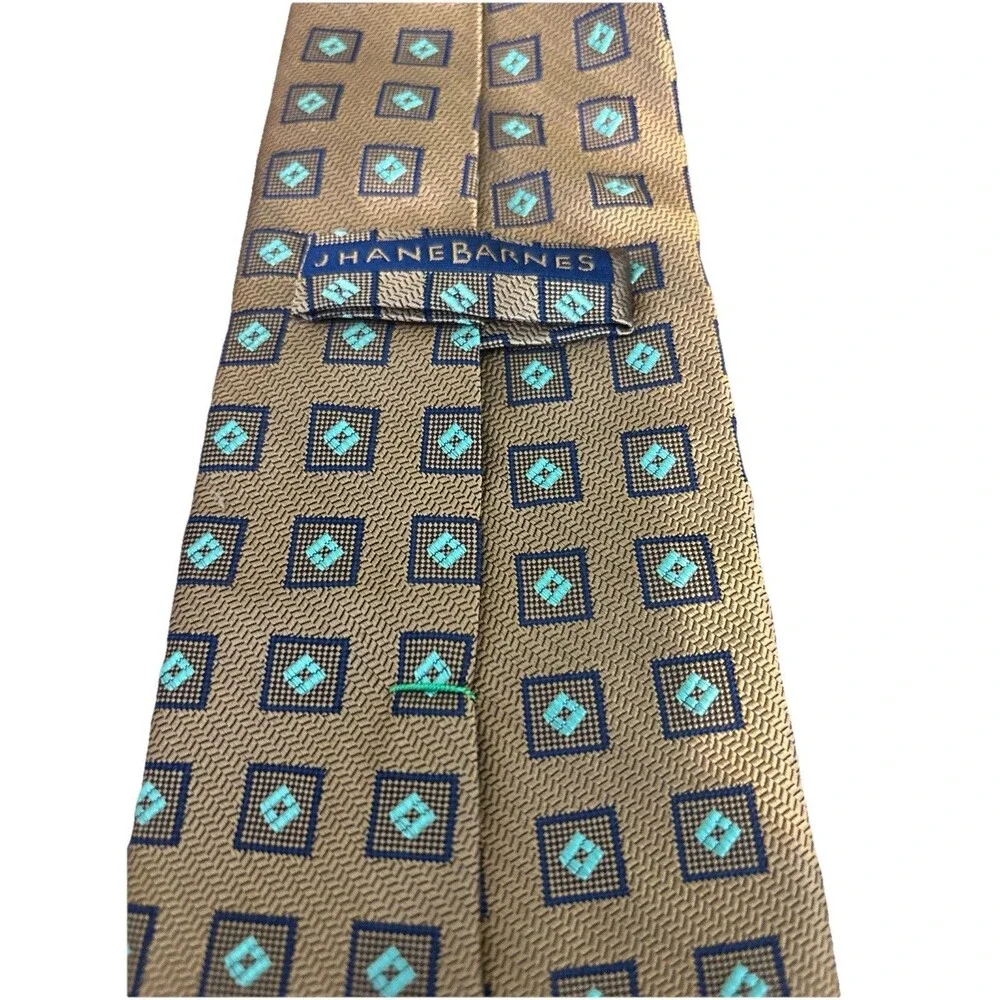 Vintage JHANE‎ BARNES Silk Tie Gold Navy Aqua Geometric Fractal 90s Designer